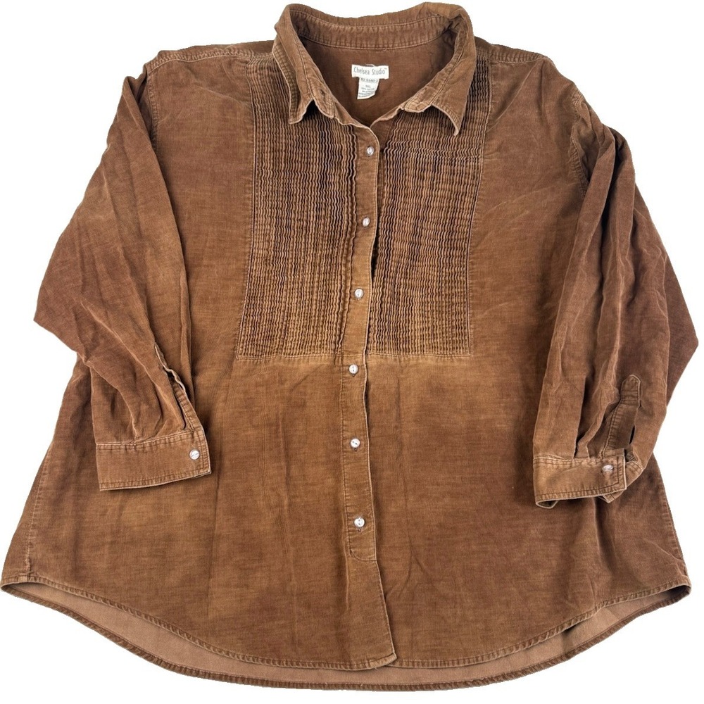 Chelsea Studio Women's 3XL Brown Corduroy Button Front Shirt Pintuck 100% Cotton